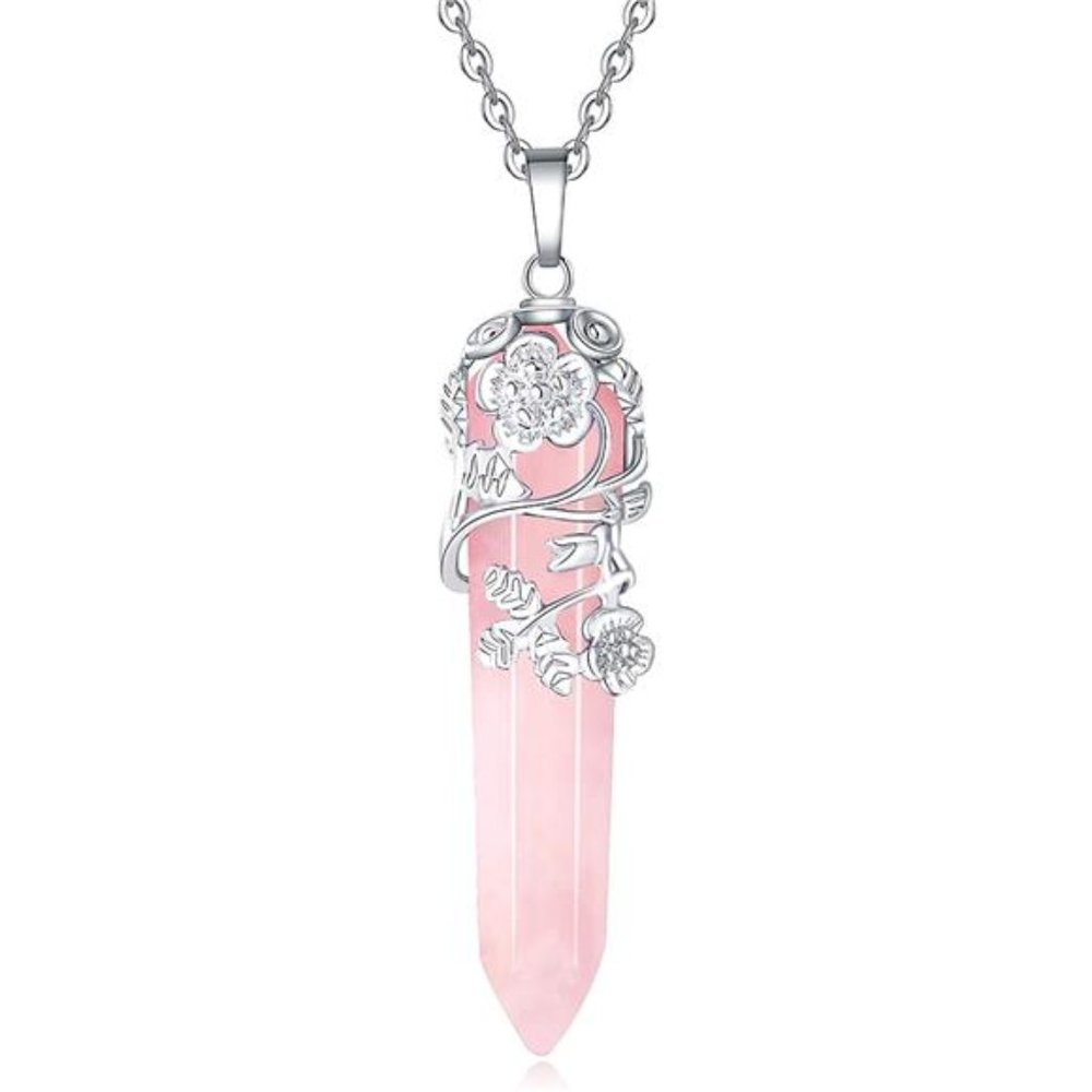 Flower Wrapped Natural Crystal Point Pendant Necklace Reiki Healing